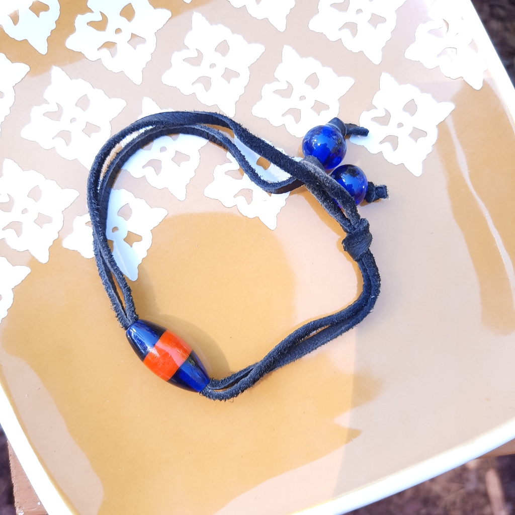 Blue & Orange Glass Bead & Black Leather Bracelet